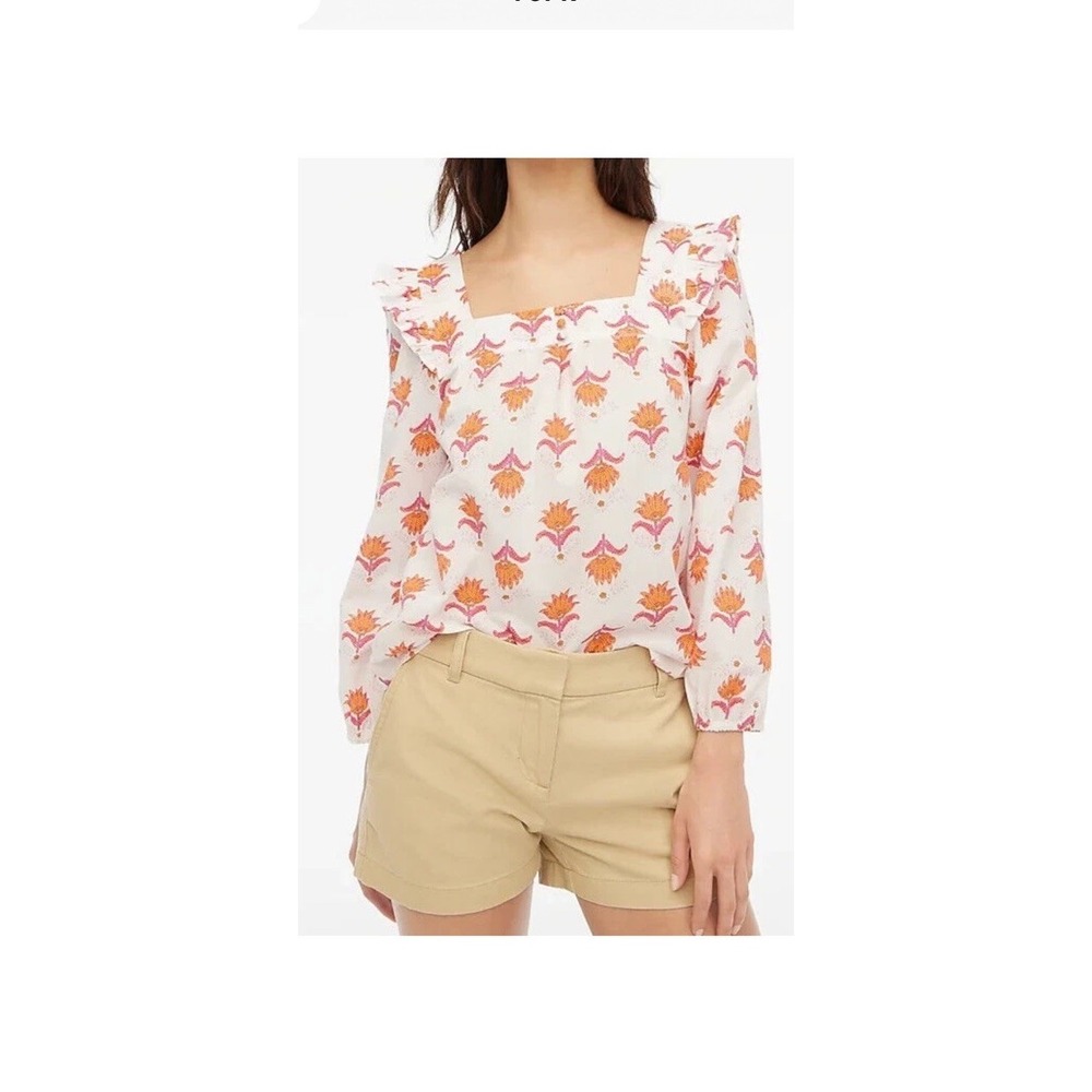 J. Crew Cotton Square Neck Ruffle Top Size S White Fresh Cantaloupe Womens